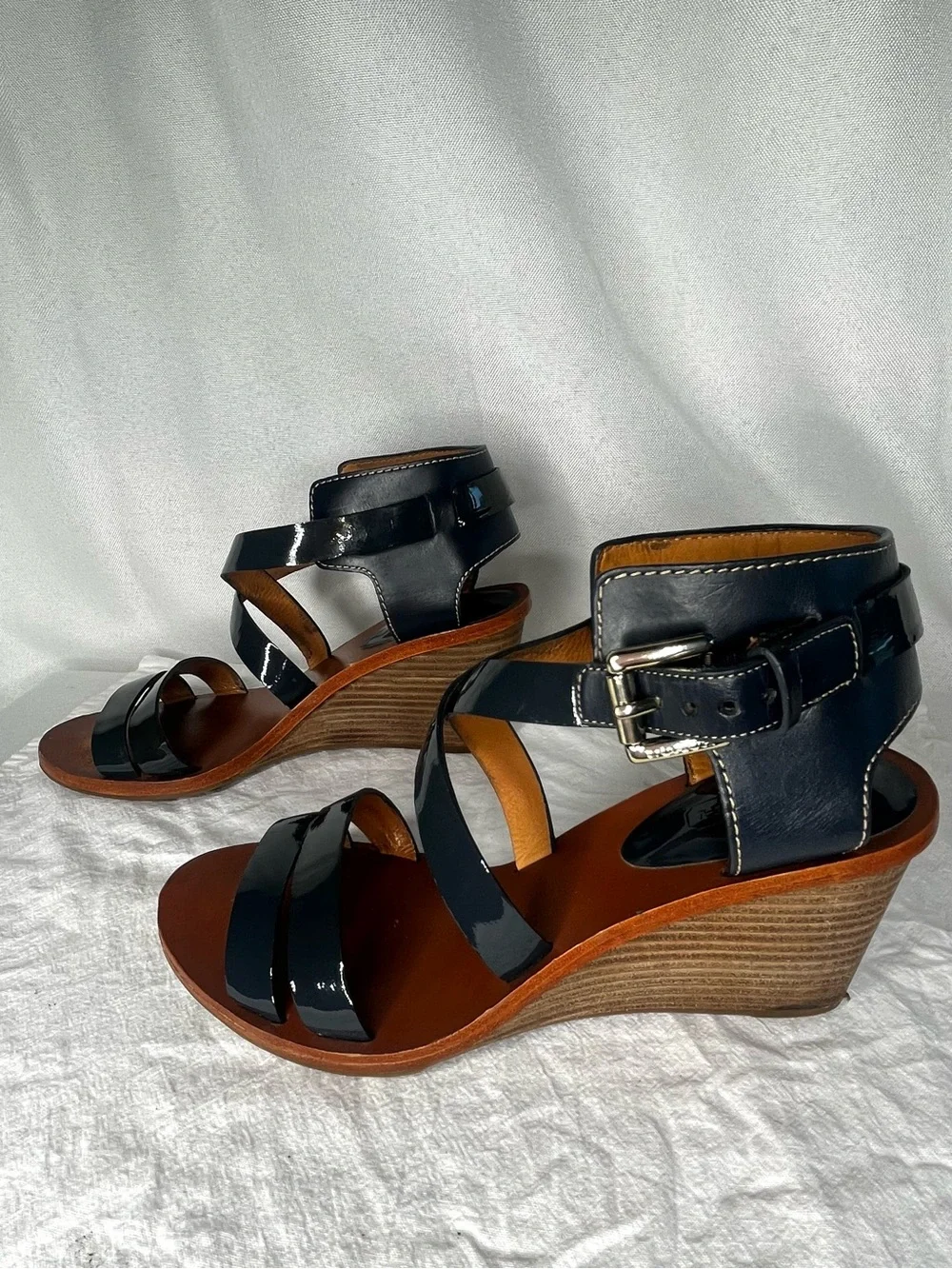Coach Navy Patent Leather Strappy Wedge Sandals Women’s Size 6B